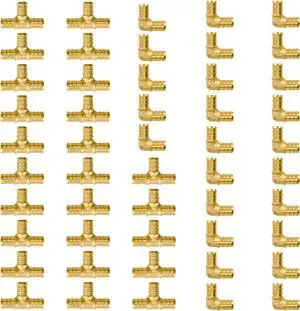 1/2 inch Pex Fittings, 50-Pack Brass Crimp Fittings, 90 Degree Elbow (25 PCS) + Tee (25 PCS) Kit, No Lead Pipe Connector