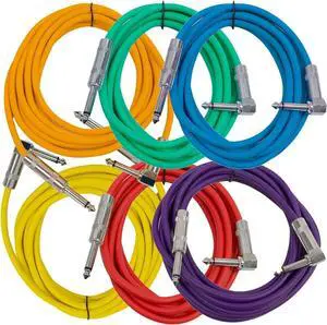 Audio Speakers Guitar Cables, Right Angle To Straight Guitar Cables, Multicolor, 10 Feet, 6 Pack