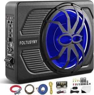 10" 800W Powered Car Subwoofer, 2025 Slim Under Seat Car Subwoofer Powered, High/Low Level Input, Truck Audio Sub Built in Amplifier with Blue LED Ambient Light