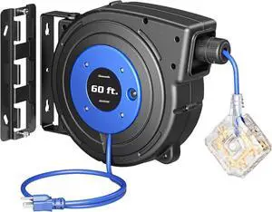 60FT Extension Cord Reel, Retractable Cord Reel, Twist-lock Stopper, 12/3C SJTOW, 6 Grounded Outlets, Retractable Extension Cord, 15A Circuit Breaker, Heavy Duty Power Cord, ETL Listed