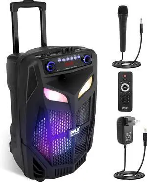 Pyle Portable Bluetooth PA Speaker System-800W 12 Indoor/Outdoor Bluetooth Speaker Portable PA System-Party Lights, USB SD Card Reader,FM Radio, Rolling Wheels-Wireless microphone,Remote- PPHP121WMB