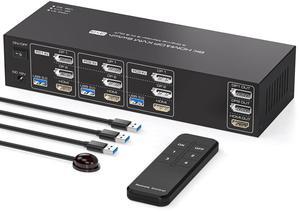 8K 2 Displayport HDMI KVM Switch 3 Monitors 3 Computers 4K144Hz Triple Monitor KVM for 3 PC Sharing 3 Screens and 4 USB 3.0 Port with Controller