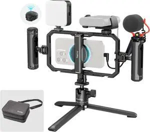 All-in-One Universal Quick Release Phone Video Rig Kit Pro, Phone Stabilizer Rig Kit with LED Light Microphone QR Tripod Dual Handles Power Bank Holder, for Creator & Live Streaming - 4704