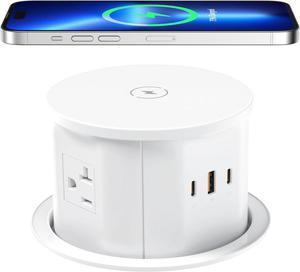 20 Amp Pop Up Countertop Outlet with 15W Wireless Charger,Max 65W Power Delivery,4.75" Pop Up Electrical Outlet with 3 Outlets 3 USB Ports for Home Office