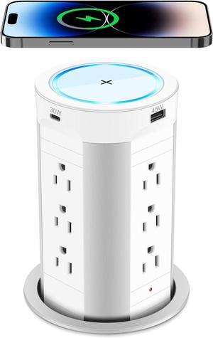 4-inch Pop Up Countertop Outlet with 15W Wireless Charger,Max 45W Power Delivery,2 USB-A & 2 USB-C & 12AC Outlets Tamper Resistant 15A, Island Pop Out for Home Office Kitchen