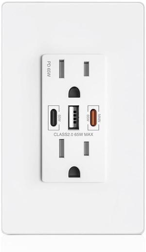 USB Wall Outlet, 65W GaN USB Outlet Receptacles with 3 USB Ports,15 Amp Tamper-Resistant Electrical Outlet with 1 Type A&2 Type C,Screwless Wall Plate Included,UL Listed