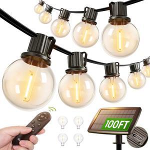100FT Solar String Lights Outdoor with Remote, 54 LED Shatterproof Bulbs, Dimmable & Timable, 3 Light Modes, G40 Waterproof Solar String Lights for Outside Backyard Party Decor
