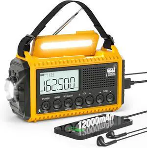 12000mAh NOAA Emergency Weather Radio, Hand Crank Emergency Radio Portable AM FM Shortwave,Solar Rechargeable Battery Powered Radio with USB-C Charger & Adapter, SOS Alert Flashlight for Home Camping