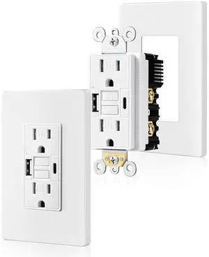 15 Amp GFCI Outlet with USB-C & USB-A Ports, Self-Test GFCI Electrical Outlet Combination with USB, Tamper-Resistant GFCI USB Outlet, Screwless Wall Plate Included, ETL Listed, White,2-Pack