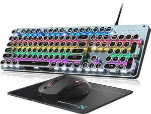 Mechanical Gaming Keyboard and Mouse, Metal Panel Retro Keyboard with Round Keycap Blue Switch, RGB Backlit 104 Keys Anti-Ghost Wired Keyboard Mouse and Pad Combo for PC Laptop Mac Gamer