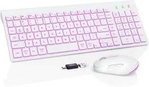 Wireless Keyboard and Mouse Combo Backlit - Compact Quiet Keyboard with RGB Mouse, Rechargeable, Slim, Sleep Mode, Portable Cordless Keyboard Mouse Set for Mac, Windows, Laptop (Polar White)