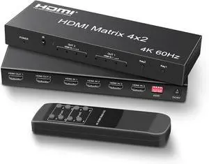 4x2 HDMI Matrix, 4K@60Hz 4 in 2 Out HDMI Switch Splitter with IR Remote, HDMI Matrix Switch + Optical + 3.5mm Audio Output, Support HDMI2.0, HDCP2.2, Auto Downscaler, 3D, Audio Extractor