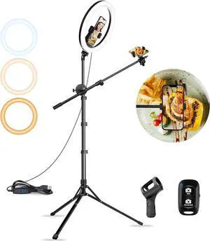 12 Selfie Ring Light with Stand & Extendable Arm-Overhead Ringlight Tripod for iPhone with Mic Mount & 2 Phone Holders, Circle Lighting for Tiktok/Live Streaming/Video Recording/Music/Cooking