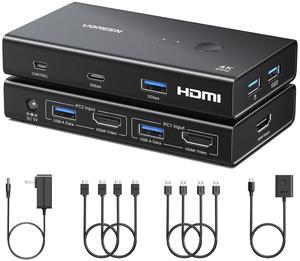HDMI KVM Switch 1 Monitor 2 Computers with 4 USB 3.0 Ports 4K@60Hz KVM Switches for 2 Computers Share Monitor Keyboard Mouse Printer with 2 HDMI Cables, 2 USB Cables, Power Adapter, Controller