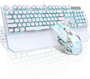 Mechanical Gaming Keyboard and Mouse Combo, Retro Punk Round Keycaps RGB Rainbow Backlit Wired Keyboard for Game and Office, for Windows Laptop PC, Red Switches(White)