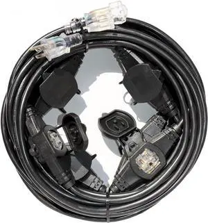 50FT Power Extension Cord - 3 Prong, 14 Gauge SJTW 5-15R Cable with Male Plug to Female Connector, 7 Outlet, Multiple Evenly-Spaced Plugs, Suitable for Stage or Outdoor, UL Certified