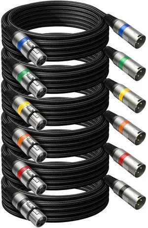 Professional 6 Pack 25FT XLR Cables, Noise Free and Long-Lasting Braided XLR Microphone Cable, All Copper Conductors Balanced Male to Female Mic Cable for Studio Monitor, Mixer, DMX, Colorful