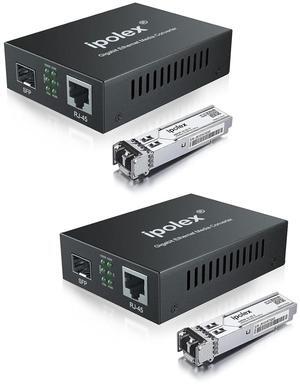 Gigabit Multi-Mode LC Fiber to Ethernet Media Converter with 2*SFP Modules, 1.25G Fiber Optic to Ethernet Converter, 1000Base-SX to 10/100/1000Base-TX, 850nm, MMF, up to 550-m/1804 ft, 2 Pack