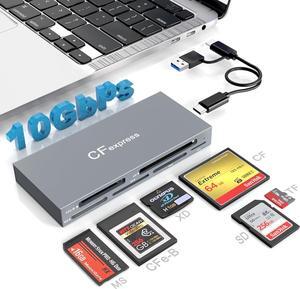 CFexpress Type B Card Reader, 6-in-1 USB3.2 Gen2 10Gbps CF Express Reader for CFexpress Type B/SD/TF/CF/XD/MS Memory Card, Aluminum CFexpress Card Adapter Read 6 Cards Simultaneously