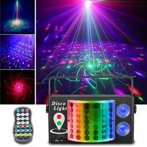 3-in-1 Disco Party Lights, LED DJ Rave Strobe Light, Sound Activated Remote Control Stage Light Projecter Dancing Lights for Wedding Birthday Christmas Holiday Music Show Dance (8.46*4.52*5.3)
