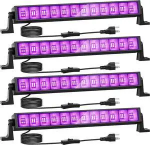 4 Pack 42W LED Black Lights, Blacklight Bars with Plug and Switch, Glow in The Dark Party Supplies for Halloween Decorations, Bedroom, Body Paint, Stage Lighting, Poster, Black