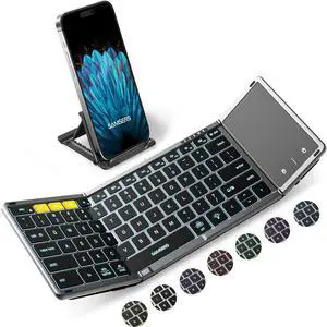 Bluetooth Keyboard with Touchpad - Full-Size Folding Wireless Keyboard, Portable Travel for iOS/Android/Windows/Mac OS, Supports 3 Devices (BT5.1 x 3), Gray