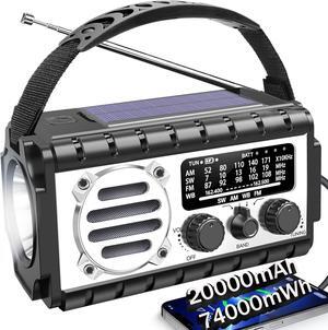 Emergency Radio, 20000mAh/74000mWh Weather Radio, Solar Hand Crank Radio with AM/FM/NOAA/SW Weather,Flashlight & Reading Lamp, SOS Alarm, Phone Charger for Indoor Outdoor Emergency