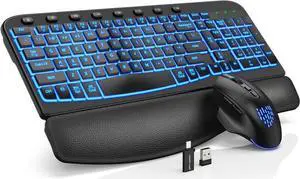 Ergonomic Wireless Keyboard and Mouse Combo - Wave Keyboard with Soft Leather Wrist Rest, Resistant Keys, RGB Backlit Rechargeable Set for PC/Mac/Chromebook (Black)