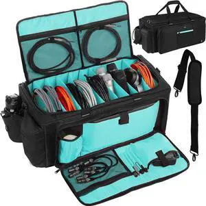 Large DJ Bag Built-in Sturdy Support Board, DJ cable bag with 9 Detachable Divider & Padded Shoulder Strap, gig bag for Professional DJ Gear, Musical Instrument and Accessories