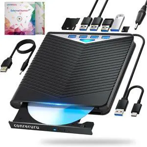 conreruru Support for Blu-ray External Drive, Support for Blu-ray DVD/CD Player/Read/Write, USB 3.0 &/Type-C, Support for Blu-ray/DVD/CD, BD Drive, Windows 7-11 & Mac, PC-Compatible, M-DISC(Black)