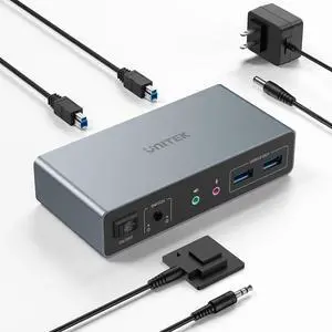 HDMI KVM Switch 2 Monitors 2 Computers 4K@60Hz USB 3.0 KVM Switches Share Dual HDMI Monitors 3 USB Ports for Keyboard Mouse Hard Drives Mic Headset Ports 2 Cable DC 5V Adapter Controller
