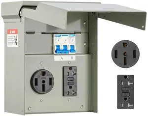 Temporary Power Outlet Panel, RV Electrical Breaker Box with Prewired 50 Amp & 20 Amp GFCI Receptacle Circuit, Weatherproof RV Electrical Panel for RV Hookup Camper Travel Trailer Motorhome