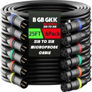 25ft 6 Pack, Professional XLR Microphone Cable Male to Female, Gold-Plated 3-pin X LR Speaker Cables Balanced Mic Cord, Multicolor