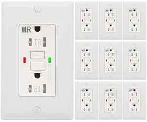10 Pack - POWAWINI GFCI Outlet 15 Amp, UL Listed, Self-Test GFI Receptacles, TamperResistant, Weather Resistant, LED Indicator, with Decor Wall Plates and Screws, Indoor or Outdoor Use (White)