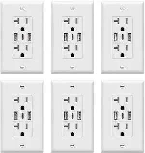 USB Outlet, 3-Port Type C USB Wall Outlet, 20 Amp Tamper-Resistant Receptacle Plug, 20A Charging Power Outlet with USB Ports, UL Listed, TU22036AC3-6PCS, White, 6 Pack