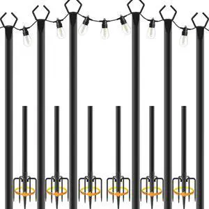 6 Pack 10 ft Heavy Duty Metal String Light Poles Adjustable Outdoor Lighting Stand for Patio,Backyard,Garden,Party & Wedding Rustproof & Sturdy with Hooks
