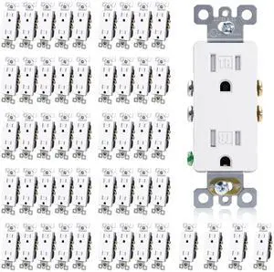 Decorator Wall Receptacle Outlet, Tamper Resistant 15 Amp Standard Electrical Wall Outlet, Residential Grade, Self-grounding, 125V, 2 Pole 3 Wire, 5-15R, UL Listed, Glossy White, 50 Pack
