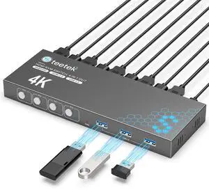 USB 3.0 HDMI KVM Switch 1 Monitors 4 Computers, 4K@60Hz KVM Switches for 4 Computers Sharing Monitor Keyboard Mouse Hard Drives Printer, with EDID Adaptive,1 HDMI Cable and 4 USB Cable