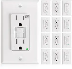 12 Pack GFCI Outlet 15 Amp with Thinner Design, Weather Resistant (WR), Self-Test GFI Receptacles with LED Indicator, Wall Plates and Screws Included, Indoor or Outdoor, ETL Listed, White