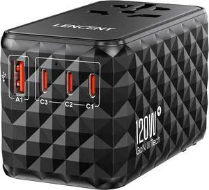 120W International Travel Adapter, GaN Universal Travel Adapter with 1 USB-A & 3 Type C Power Adapter, Fast Charger for Phone,Laptops, Worldwide Plug Adapter for USA/UK/EU/AUS, Black
