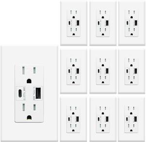 USB Outlet with C + A Wall Dual High Speed Receptacle Smart 4.8A Fast Charging Capability,15Amp 125Volt, Tamper Resistant Wall Plate Included UL Listed (10Pack, White, 15 Amp Outlet)