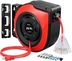 Retractable Extension Cord Reel, 75 FT Heavy Duty Power Cord, 14/3C SJTOW Retractable Cord Reel, Lighted Triple Outlets, 10A Circuit Breaker, Wall/Ceiling Mount, UL Listed, Red