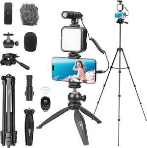 Kit for iPhone Youtuber Starter Kit Content Creator Equipment for iPhone 16/15Pro Max with 59'' Extendable Fullsize Tripod, LED Light,Shotgun Mic Video Recording(Vlog K4)
