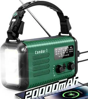 20000mAh / 74000mWh Solar Hand Crank Weather Radio with NOAA/AM/FM, Battery Powered Radio with Cell Phone Charger, Reading Lamp, Flashlight & SOS for Emergencies/Home