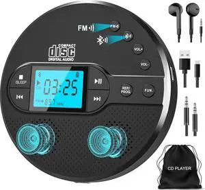 Portable CD Player with Bluetooth, Disman CD Player for Car with FM Transmitter, Rechargeable CD Player Portable with Anti-Skip Protection, Headphones, AUX/USB Supported, LCD Display(Black)