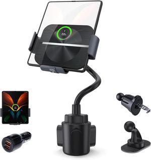 Wireless Car Charger for Z Fold 6/5/4/3/2, Dual Coil Cup Holder Phone Mount, Wireless Car Charger for Tesla, Auto Clamping Fast Charging for iPhone 16/15/14(Not Fit for Pixel Fold)