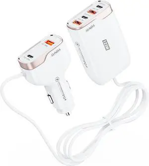 6 Multi Ports USB C Car Charger, 123W Fast Car Charger Adapter, PD 45W Compatible with iPhone16/Galaxy/ S24, Type C Cigarette Lighter USB Charger with 5.7FT Cable for Rear Seat Charging(White)