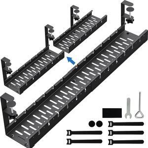 Extendable Under Desk Cable Management, Metal Cable Management Tray Under Desk with Clamp, Retractable Power Strip Cord Holder for Wire Management 31Inch (2 Pack Extendable 31')