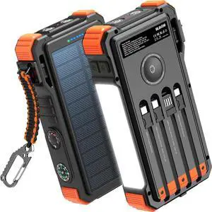 Solar Charger 20000mAh Built-in Cables, 20W Fast Charging Portable Power Bank with USB C, Camping Light, Flashlight, Battery Pack for iPhone 16 15 14 13 12 11, iPad, ,  Watch
