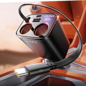 140W Retractable Car Charger with Dual Cigarette Lighter Splitter Adapter, Cigarette Lighter Splitter 2 Socket for Road Trip, 24/ 12V Double Car Charger Adapter for iPhone 16 15 14 13 12